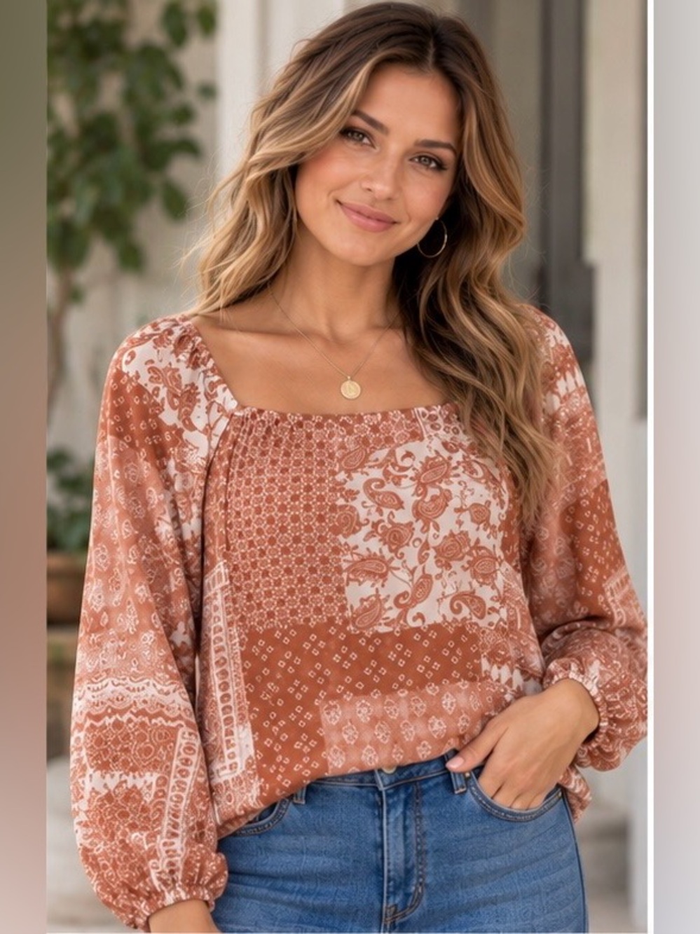 Promesa Small Rust Patchwork Square Neck Long Sleeve Blouse NWT